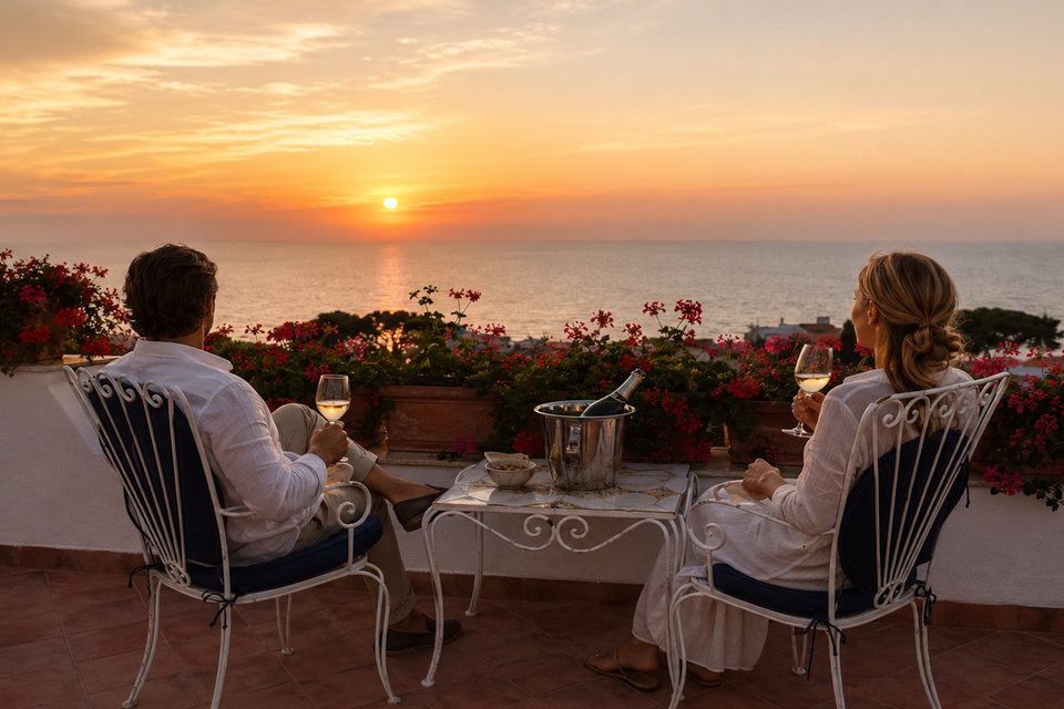 Una coppia in terrazza davanti al tramonto